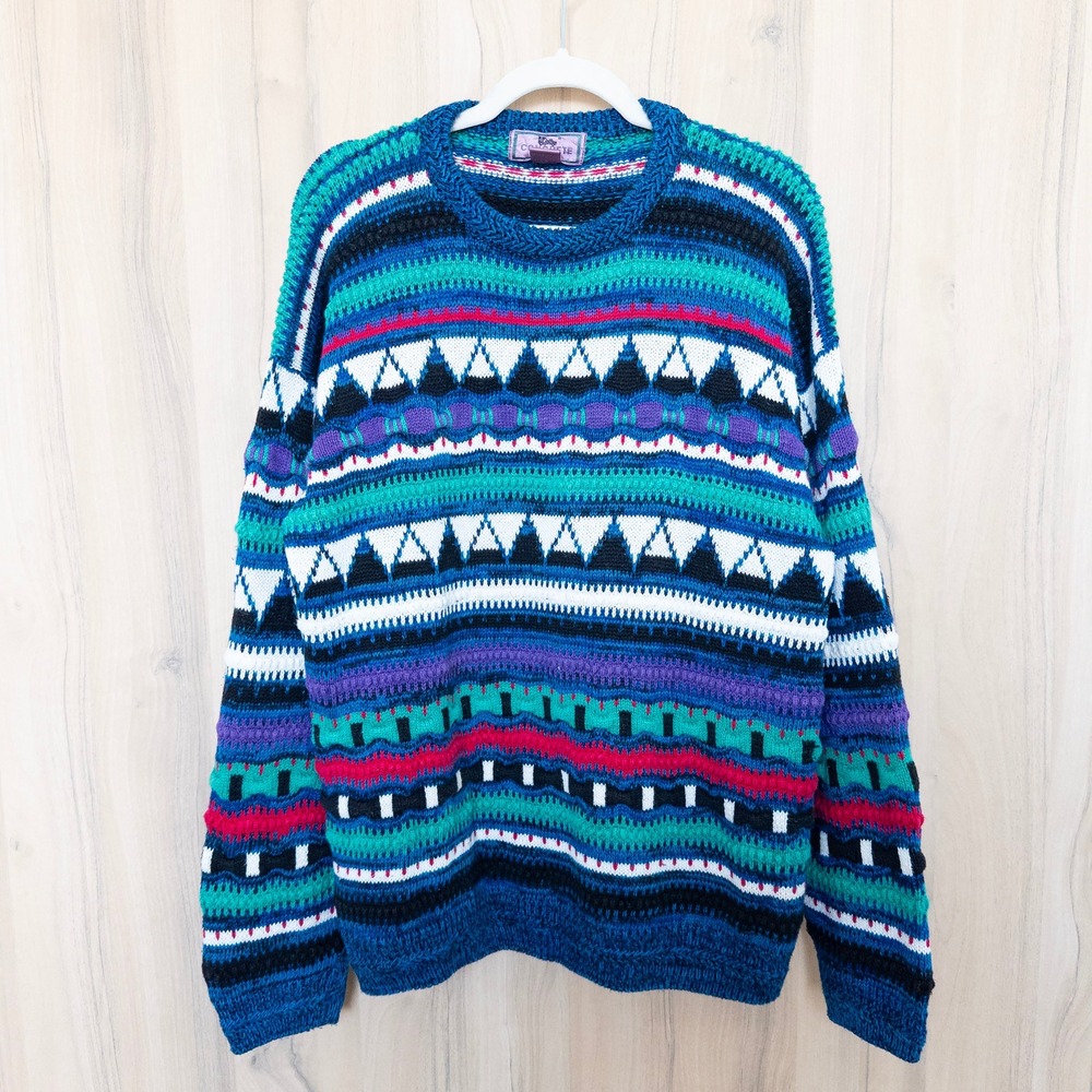 VTG Concrete Mix 3D Knit Geometric Crewneck‎ Sweater Size M Multicolor Cosby 90s